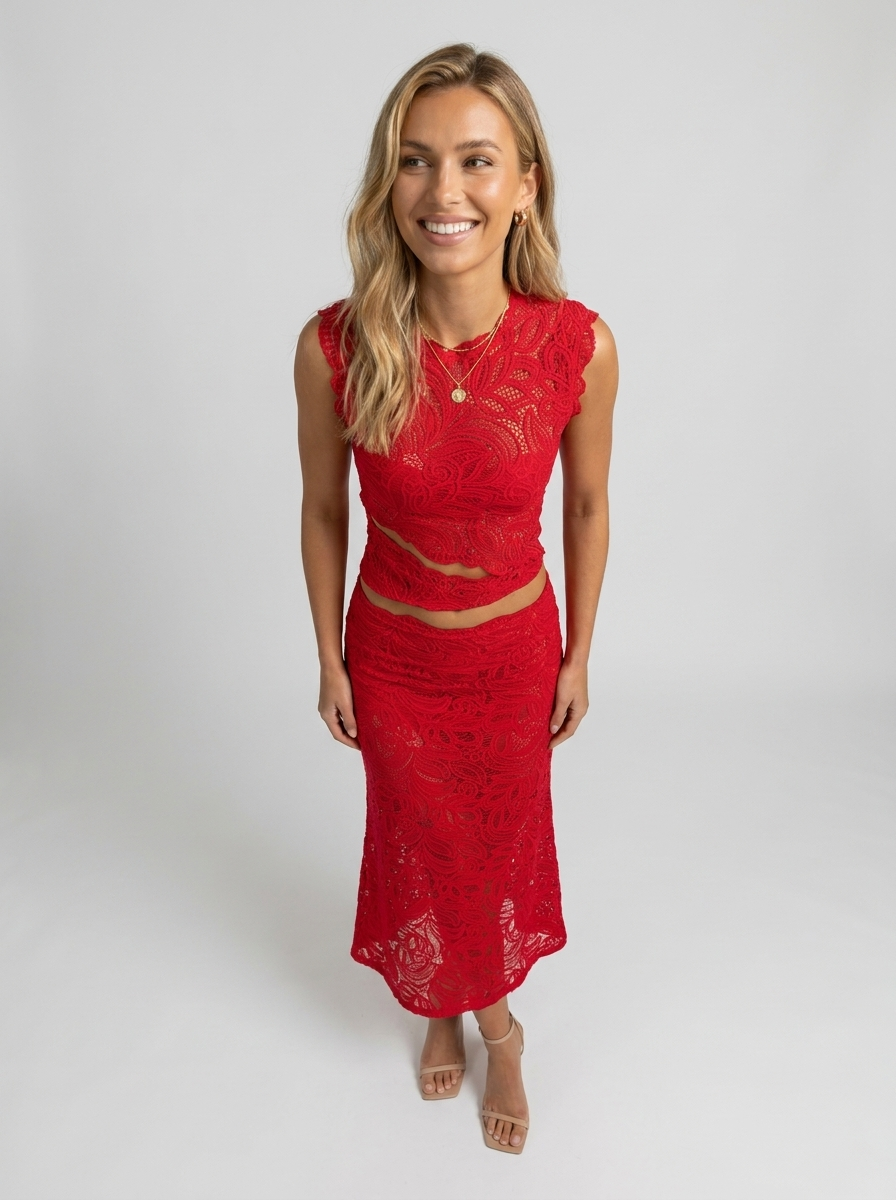 Women's Cutout Lace Top and Maxi Skirt Set - Red