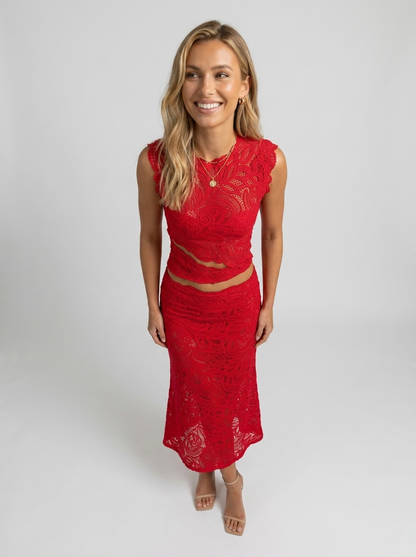 Women's Cutout Lace Top and Maxi Skirt Set - Red