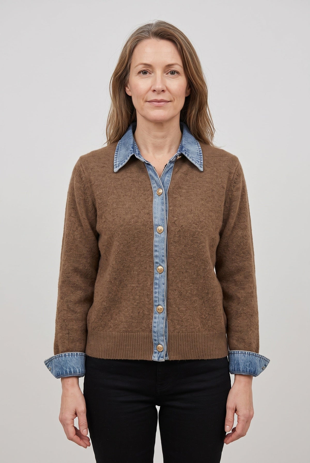 Women's Denim-Look Collar Button-Front Cardigan - Brown
