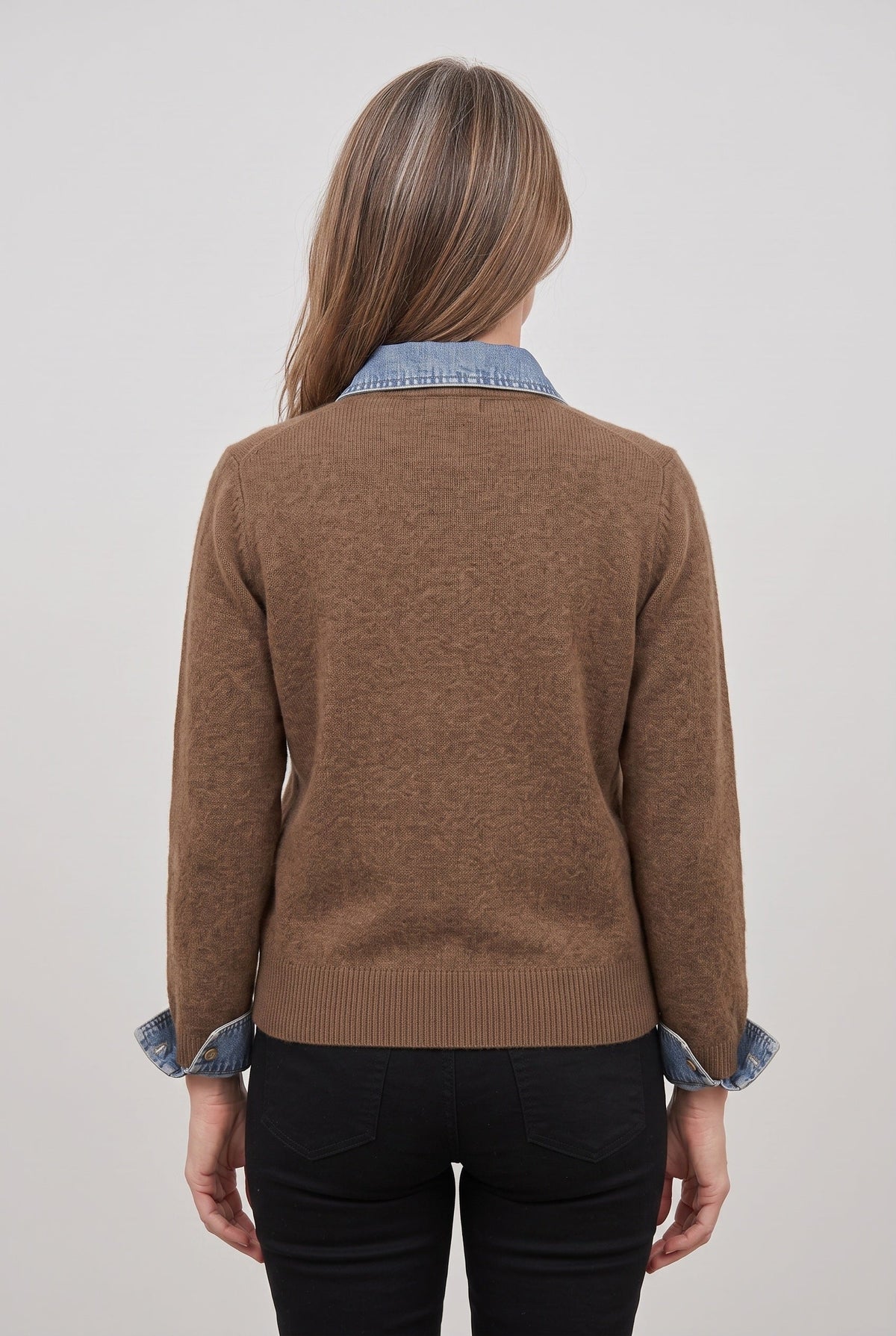 Women's Denim-Look Collar Button-Front Cardigan - Brown