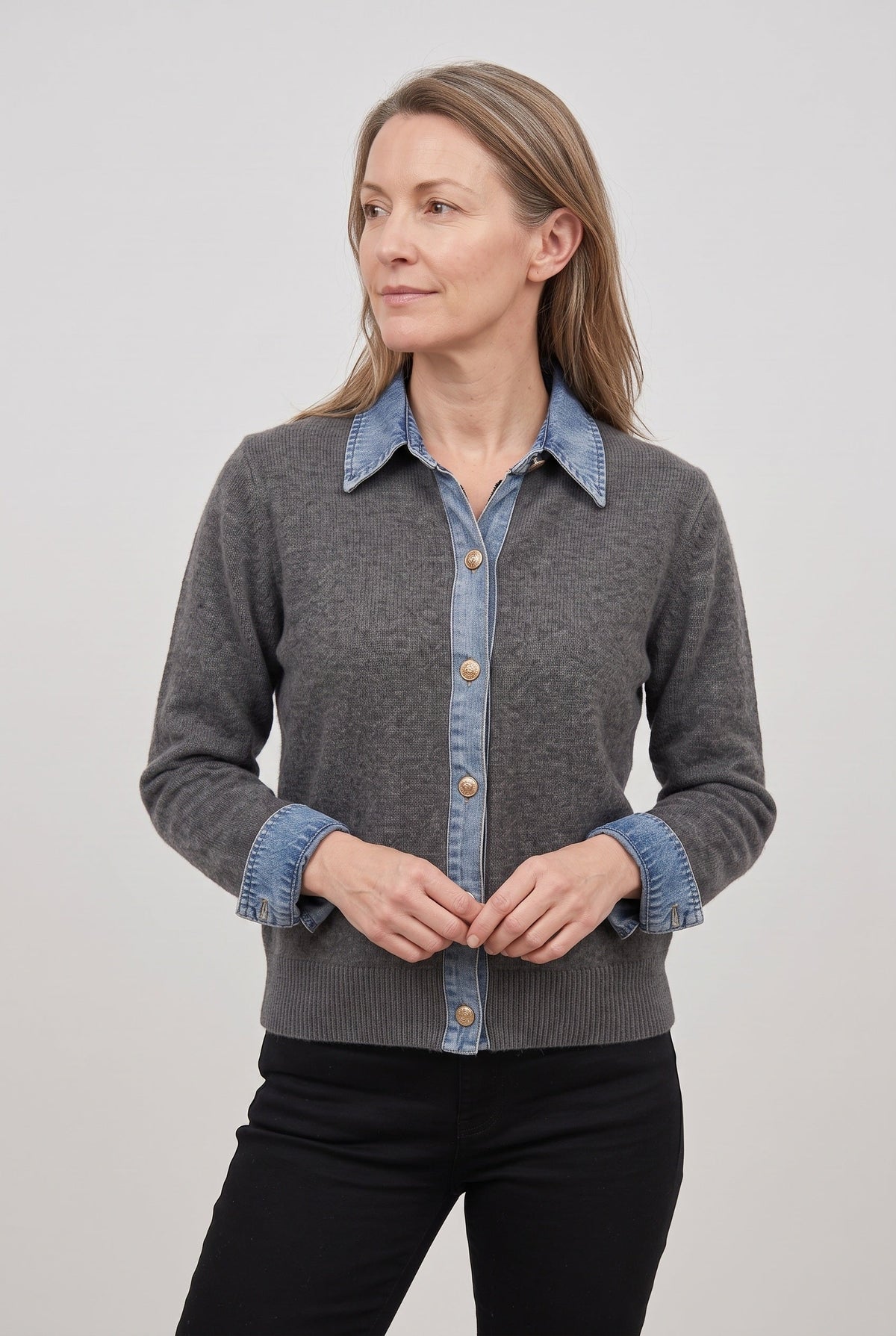 Women's Denim-Look Collar Button-Front Cardigan - Gray