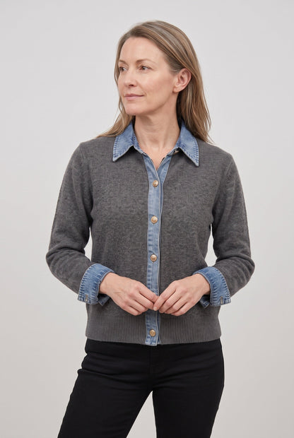 Women's Denim-Look Collar Button-Front Cardigan - Gray