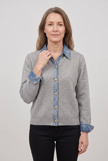 Women's Denim-Look Collar Button-Front Cardigan - Light Gray