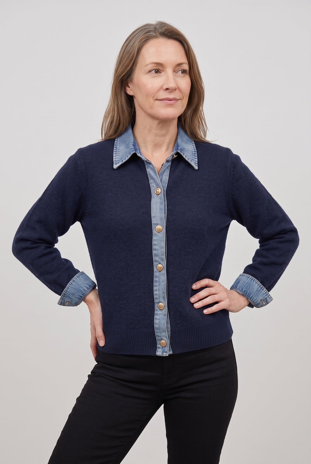 Women's Denim-Look Collar Button-Front Cardigan - Navy