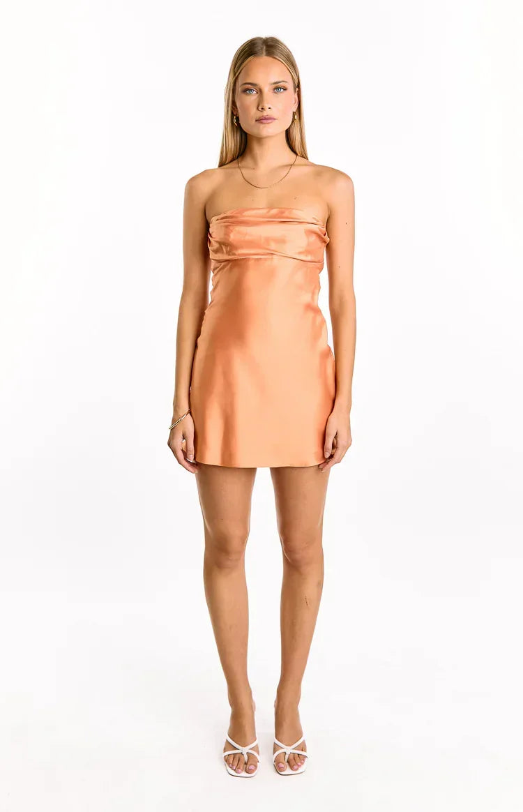 Women's Dinner Ruched Satin Mini Dress - Peach