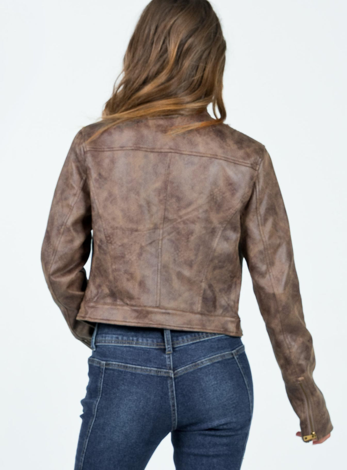 Women's Distressed Fitted Moto Jacket - Brown