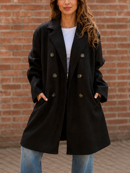 Women's Double-Breasted Longline Coat - Black