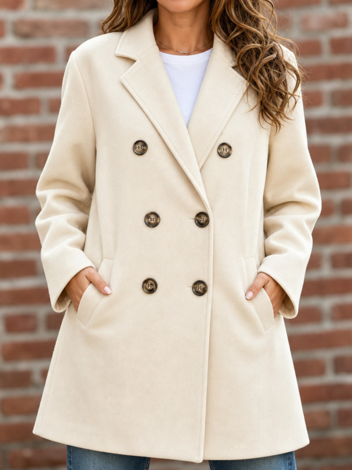 Women's Double-Breasted Longline Coat - Cream