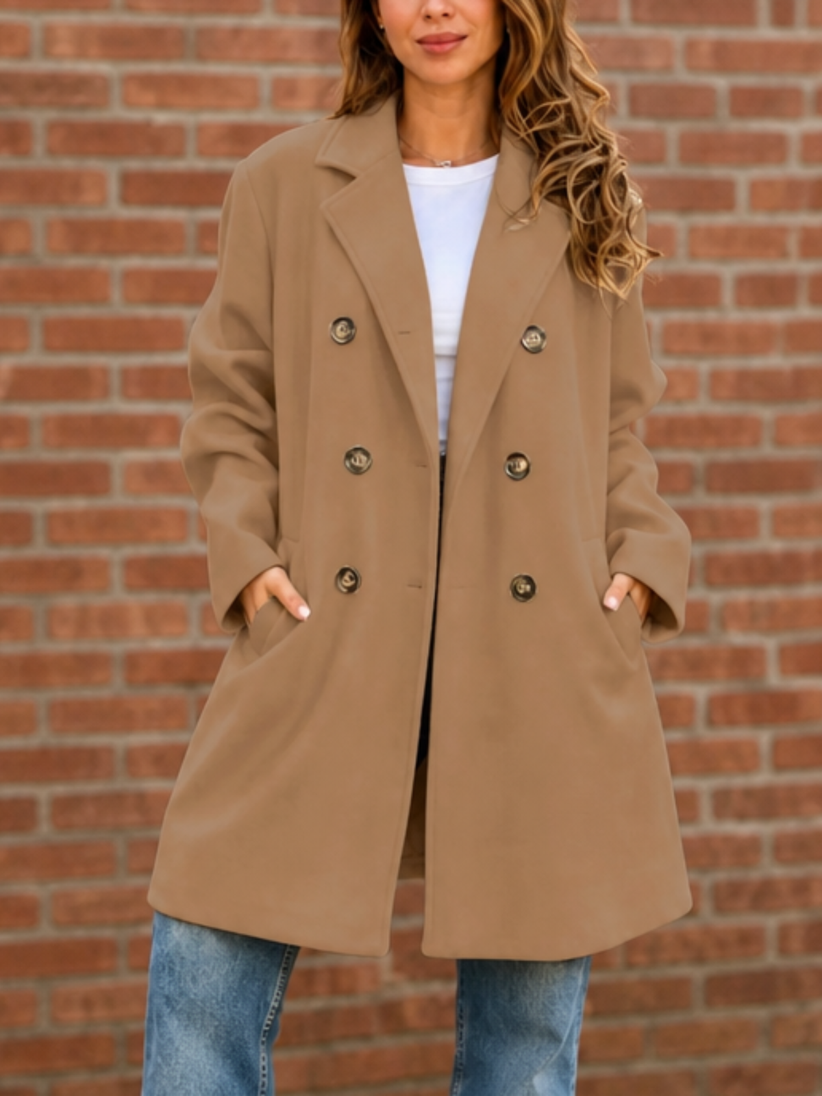 Women's Double-Breasted Longline Coat - Khaki
