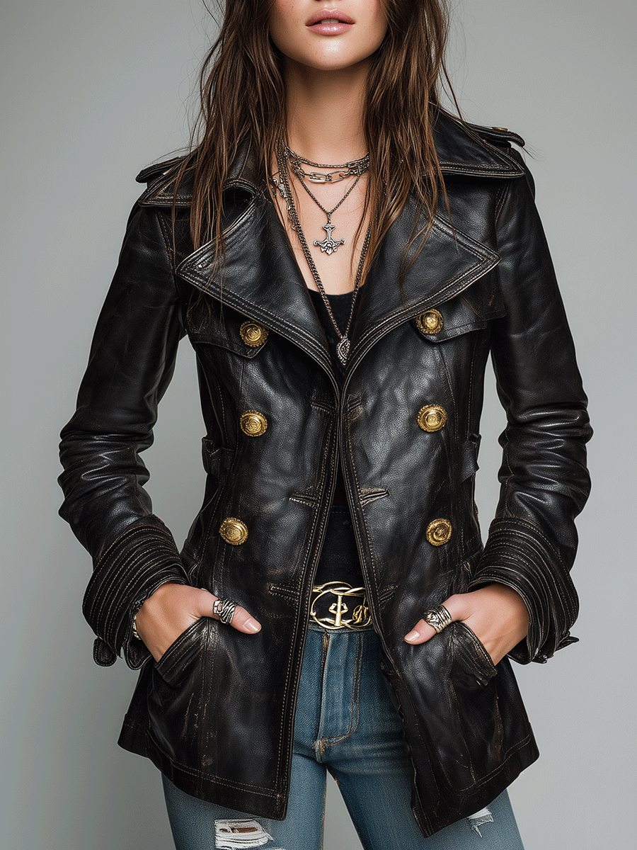 Women's Double-Breasted Military Black Jacket - Black