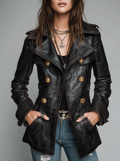 Women's Double-Breasted Military Black Jacket - Black