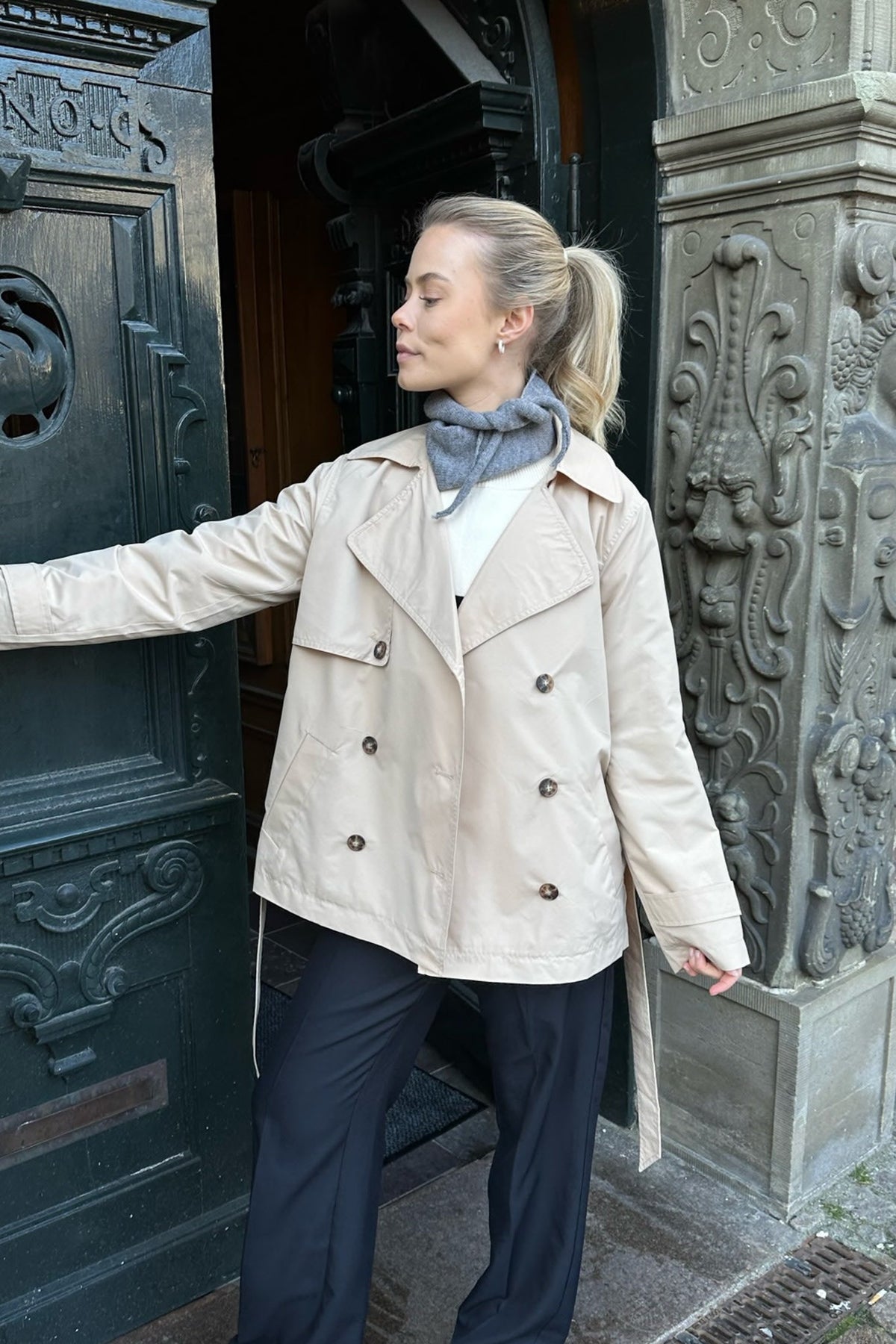 Women's Double-Breasted Notch Lapel Trench Coat - Beige