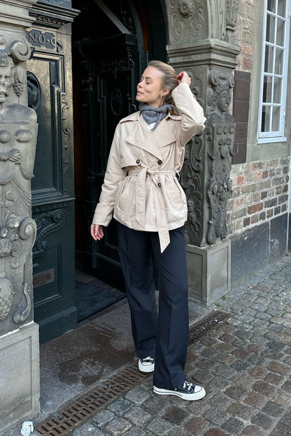 Women's Double-Breasted Notch Lapel Trench Coat - Beige