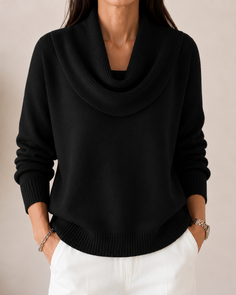 Women's Draped Cowl Neck Knit Sweater - Black