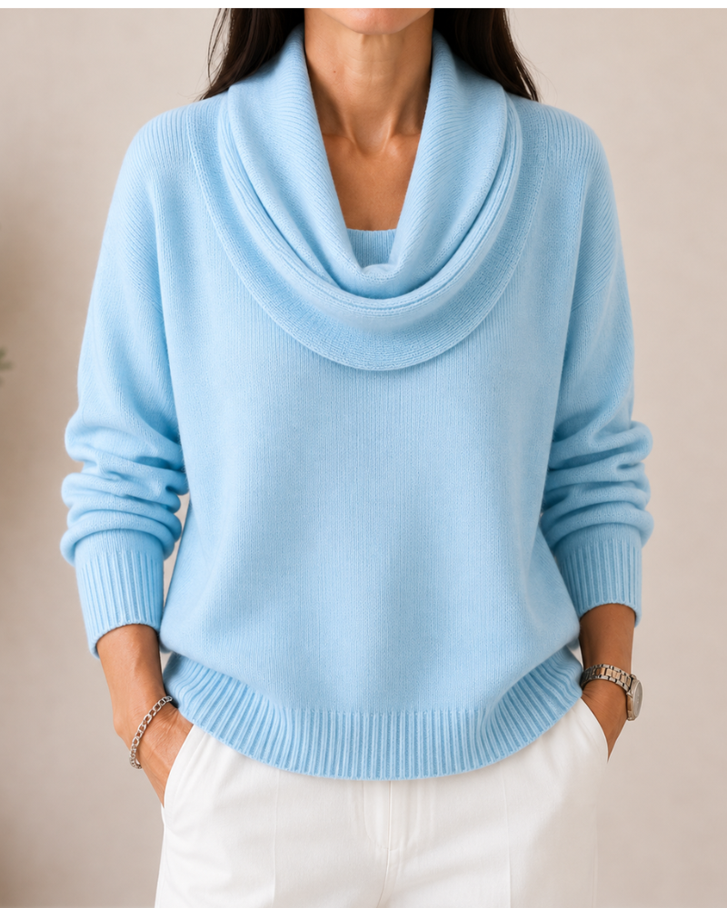 Women's Draped Cowl Neck Knit Sweater - Light Blue