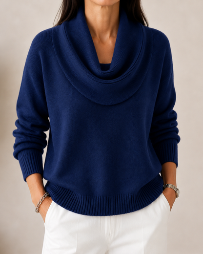 Women's Draped Cowl Neck Knit Sweater - Navy Blue