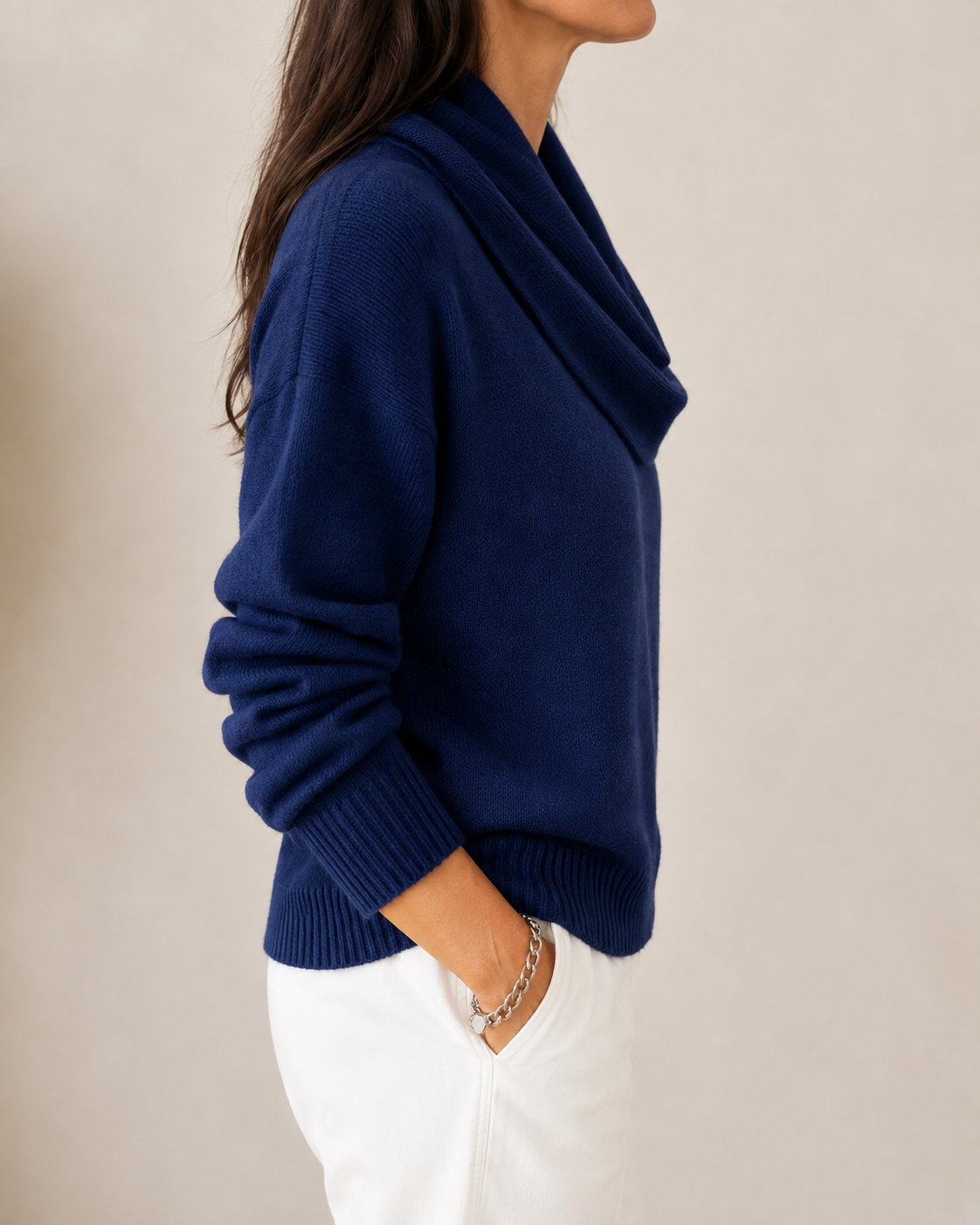 Women's Draped Cowl Neck Knit Sweater - Navy Blue