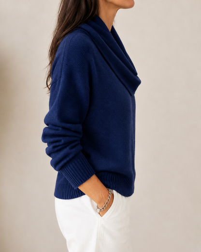 Women's Draped Cowl Neck Knit Sweater - Navy Blue