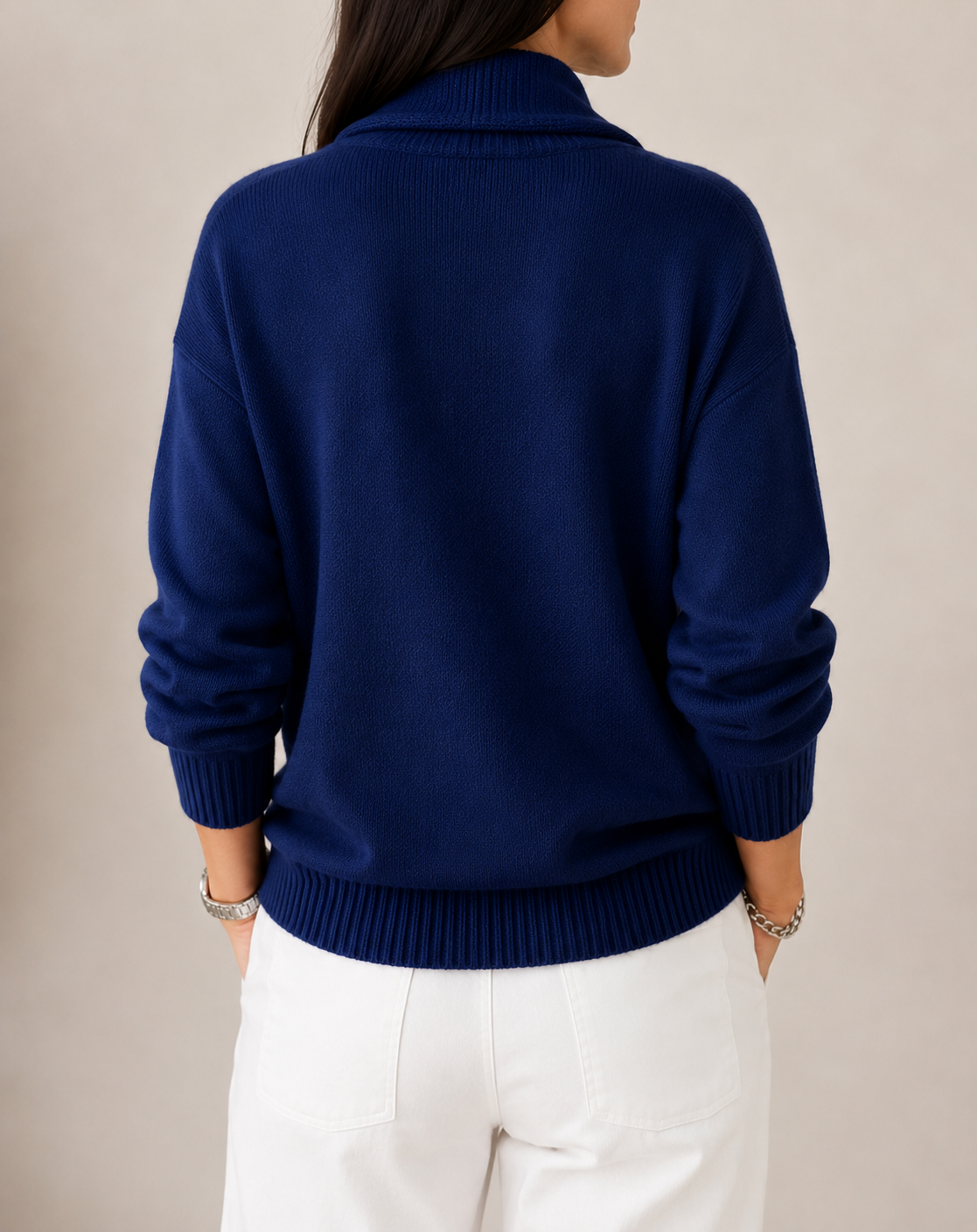 Women's Draped Cowl Neck Knit Sweater - Navy Blue