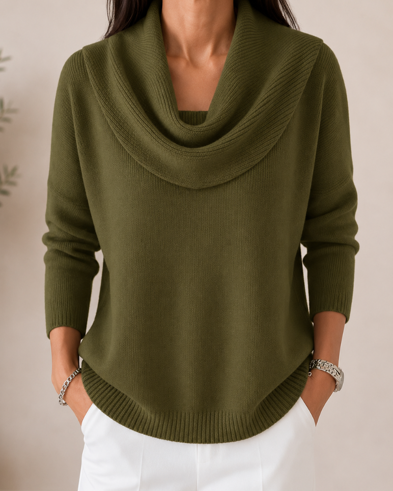 Women's Draped Cowl Neck Knit Sweater - Olive Green