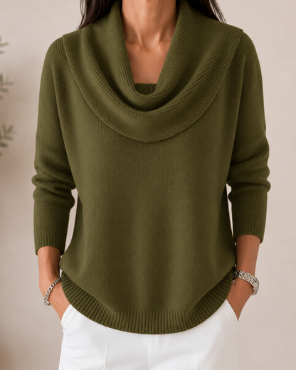 Women's Draped Cowl Neck Knit Sweater - Olive Green
