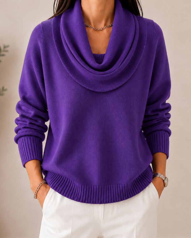 Women's Draped Cowl Neck Knit Sweater - Purple