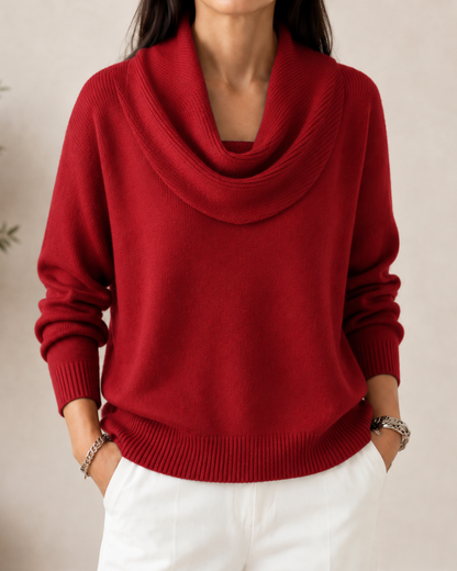 Women's Draped Cowl Neck Knit Sweater - Red