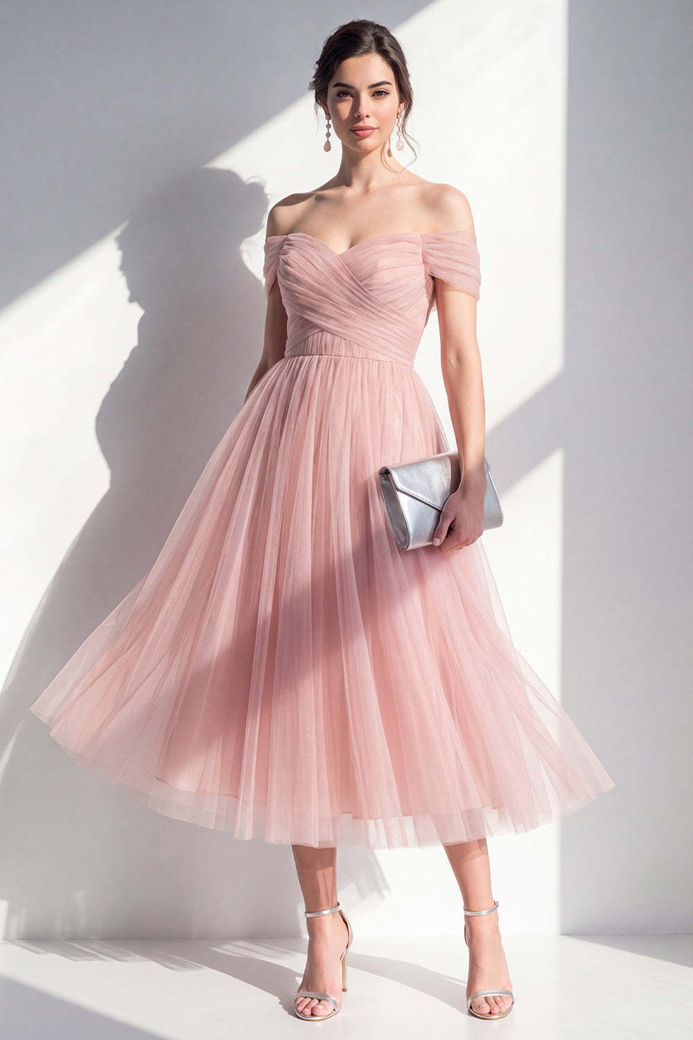Women's Dusty Rose Off-Shoulder Tulle Midi Dress - Dusty Rose