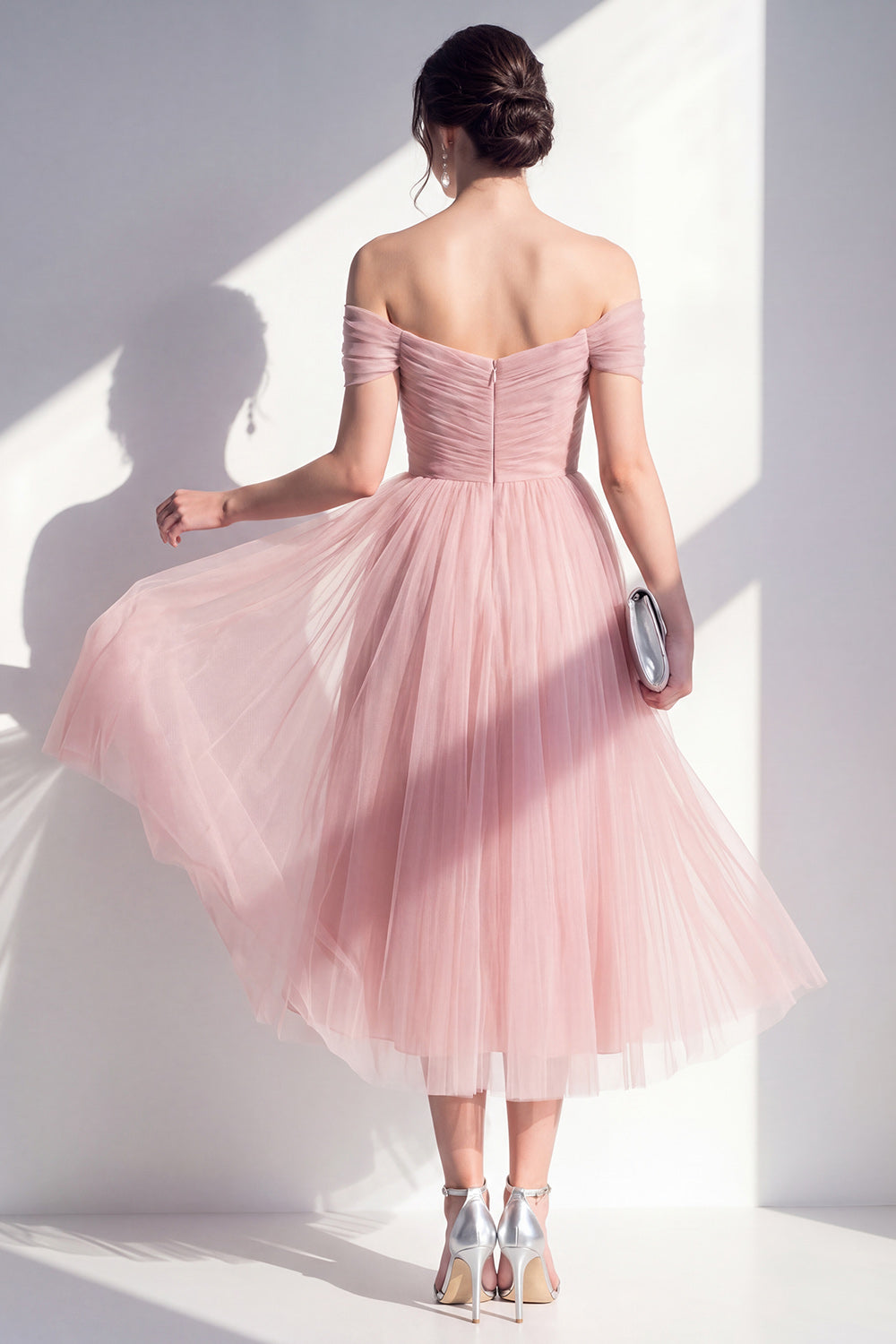 Women's Dusty Rose Off-Shoulder Tulle Midi Dress - Dusty Rose
