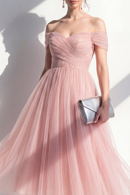 Women's Dusty Rose Off-Shoulder Tulle Midi Dress - Dusty Rose