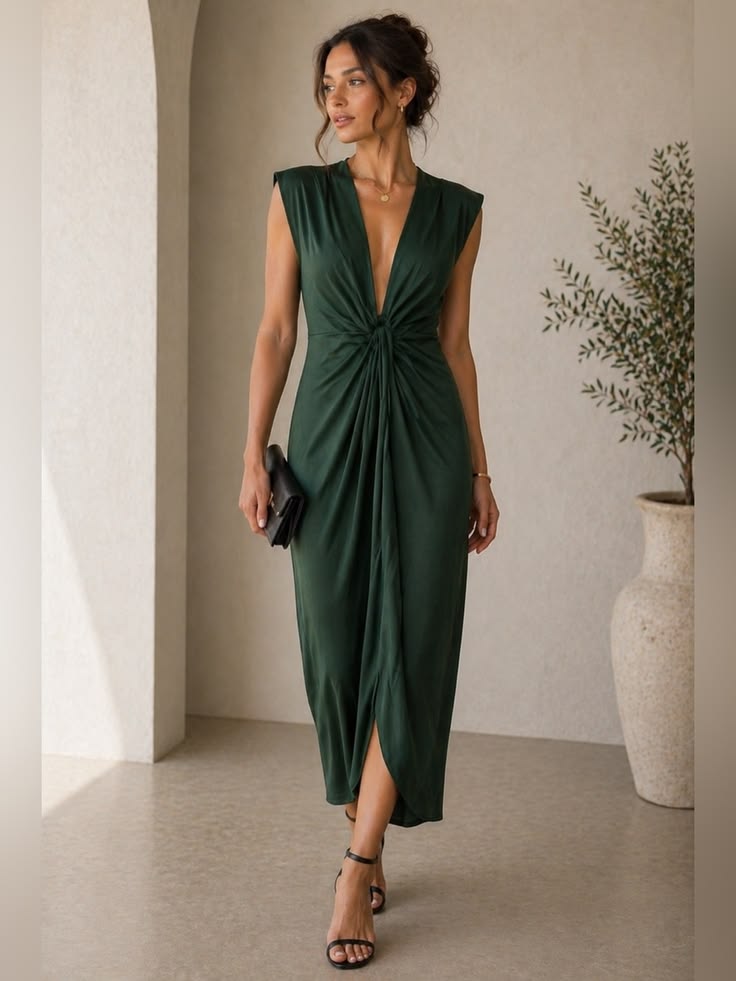 Women's Emerald Green Twist Deep V Cocktail Midi Dress - Emerald Green