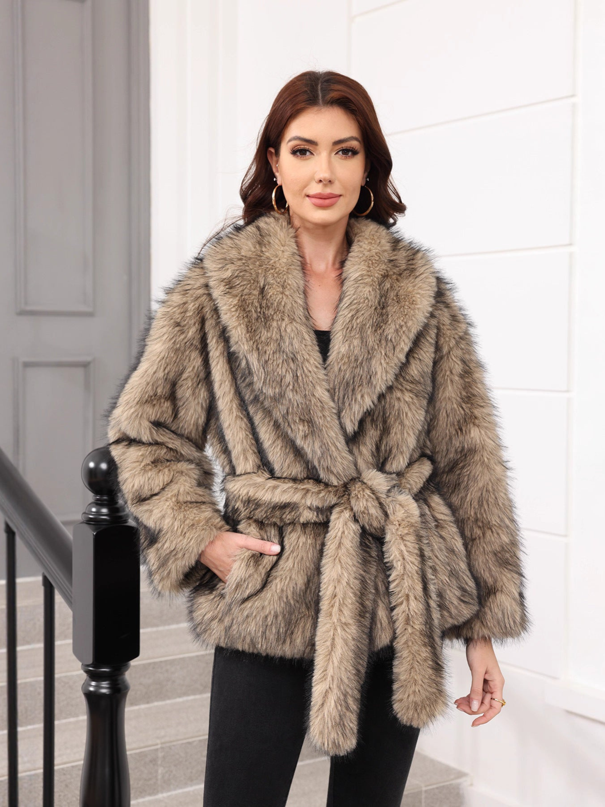 Women's Evening Shawl Collar Faux Fur Jacket - Apricot