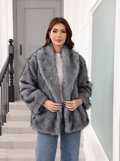 Women's Evening Shawl Collar Faux Fur Jacket - Gray