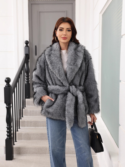 Women's Evening Shawl Collar Faux Fur Jacket - Gray