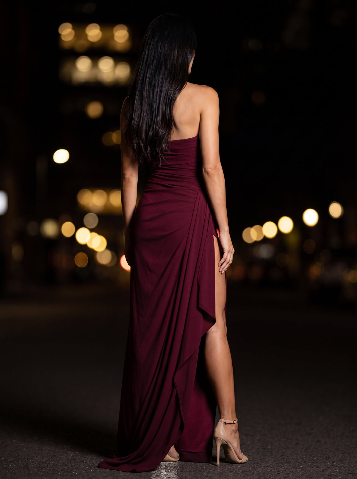 Women's Evening Strapless Ruched Crepe Maxi Dress - Burgundy