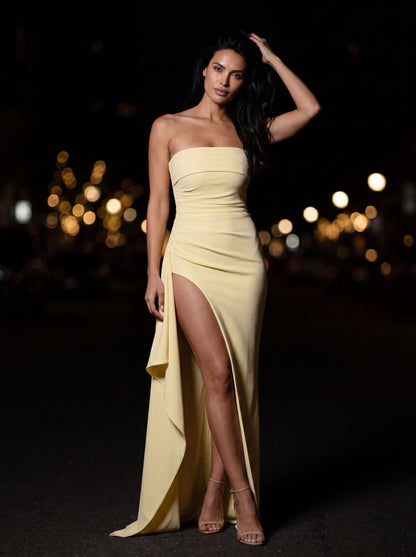Women's Evening Strapless Ruched Crepe Maxi Dress - Butter Yellow
