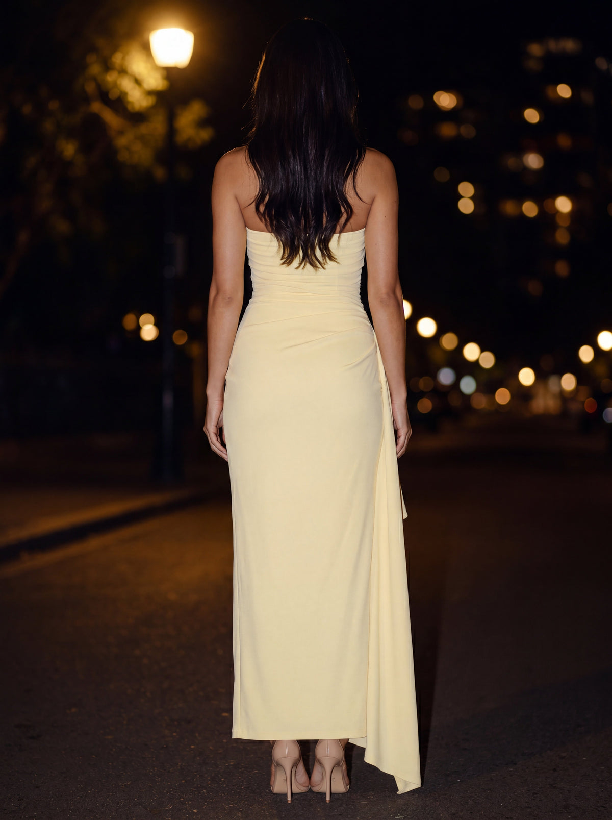 Women's Evening Strapless Ruched Crepe Maxi Dress - Butter Yellow
