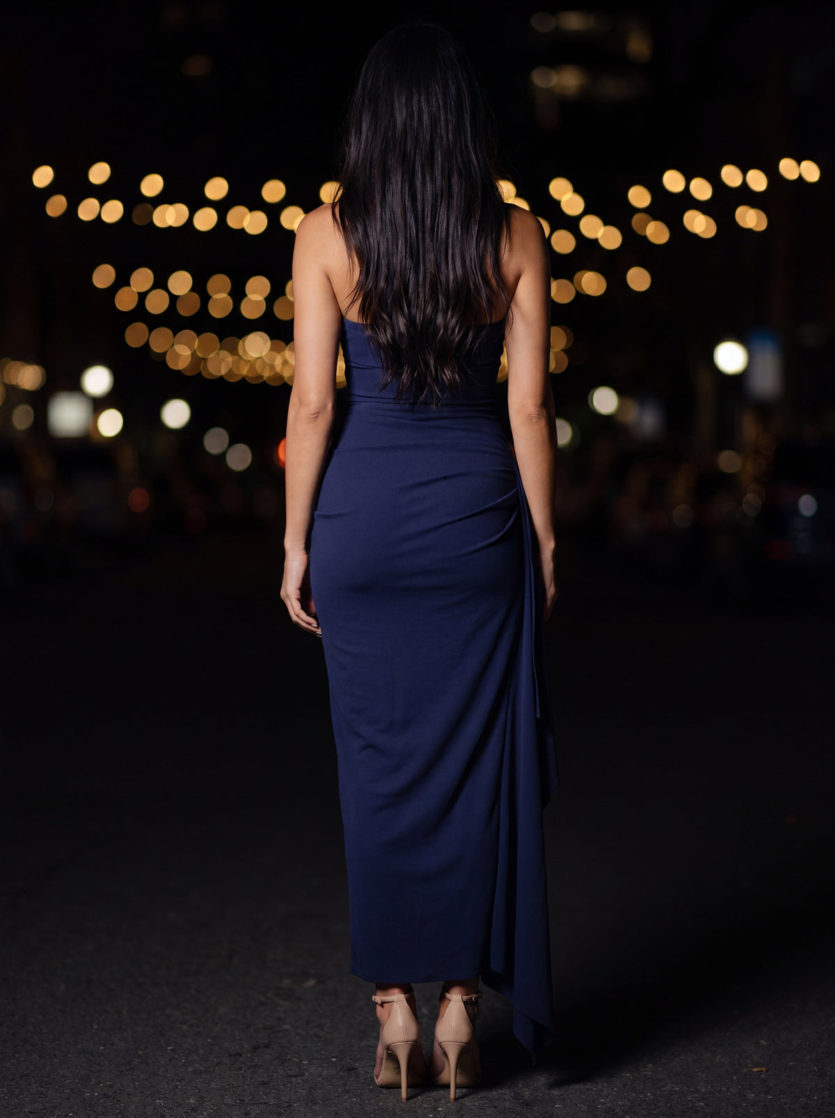Women's Evening Strapless Ruched Crepe Maxi Dress - Navy