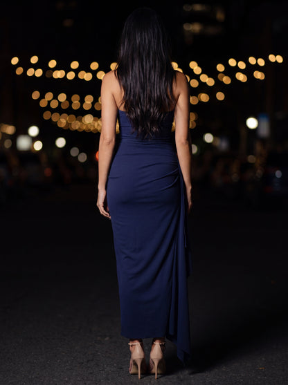 Women's Evening Strapless Ruched Crepe Maxi Dress - Navy