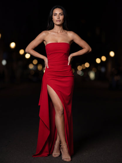 Women's Evening Strapless Ruched Crepe Maxi Dress - Red