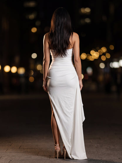 Women's Evening Strapless Ruched Crepe Maxi Dress - White