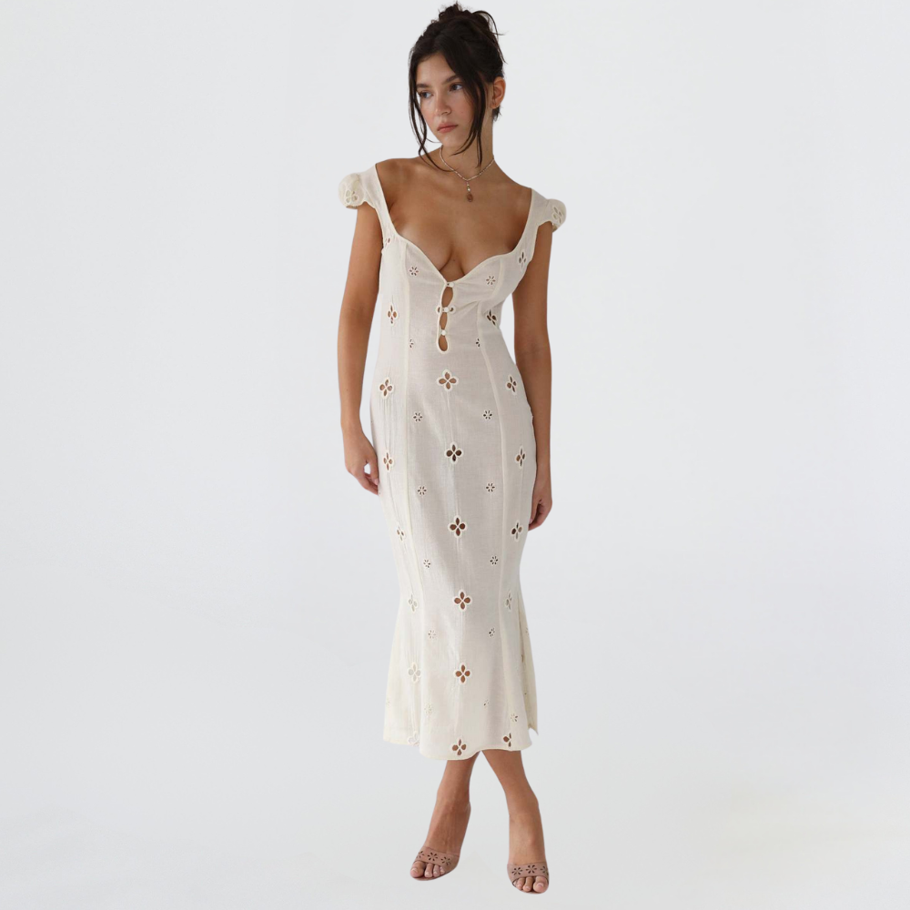 Women's Eyelet Cap Sleeve Wedding Guest Midi Dress - Ivory