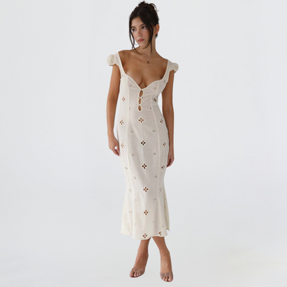 Women's Eyelet Cap Sleeve Wedding Guest Midi Dress - Ivory
