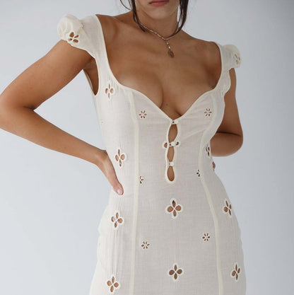Women's Eyelet Cap Sleeve Wedding Guest Midi Dress - Ivory