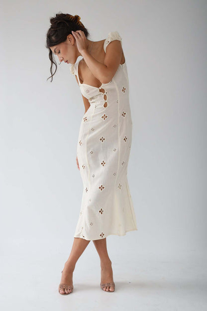 Women's Eyelet Cap Sleeve Wedding Guest Midi Dress - Ivory