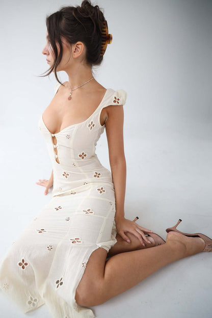 Women's Eyelet Cap Sleeve Wedding Guest Midi Dress - Ivory