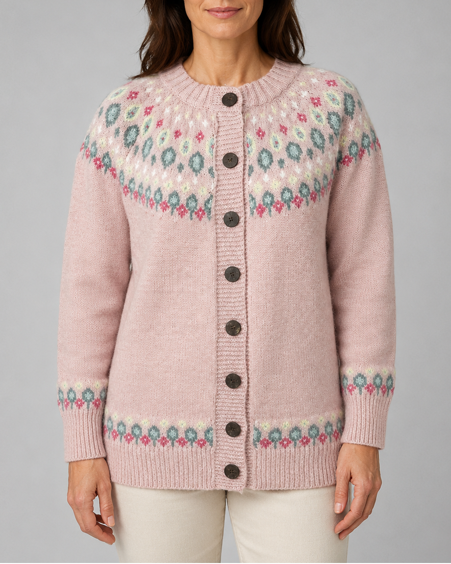 Women's Fair Isle Yoke Pink Cardigan - Pink