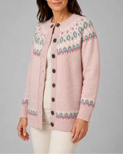 Women's Fair Isle Yoke Pink Cardigan - Pink
