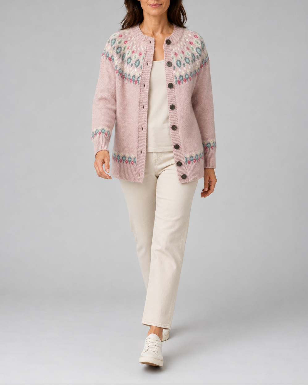 Women's Fair Isle Yoke Pink Cardigan - Pink