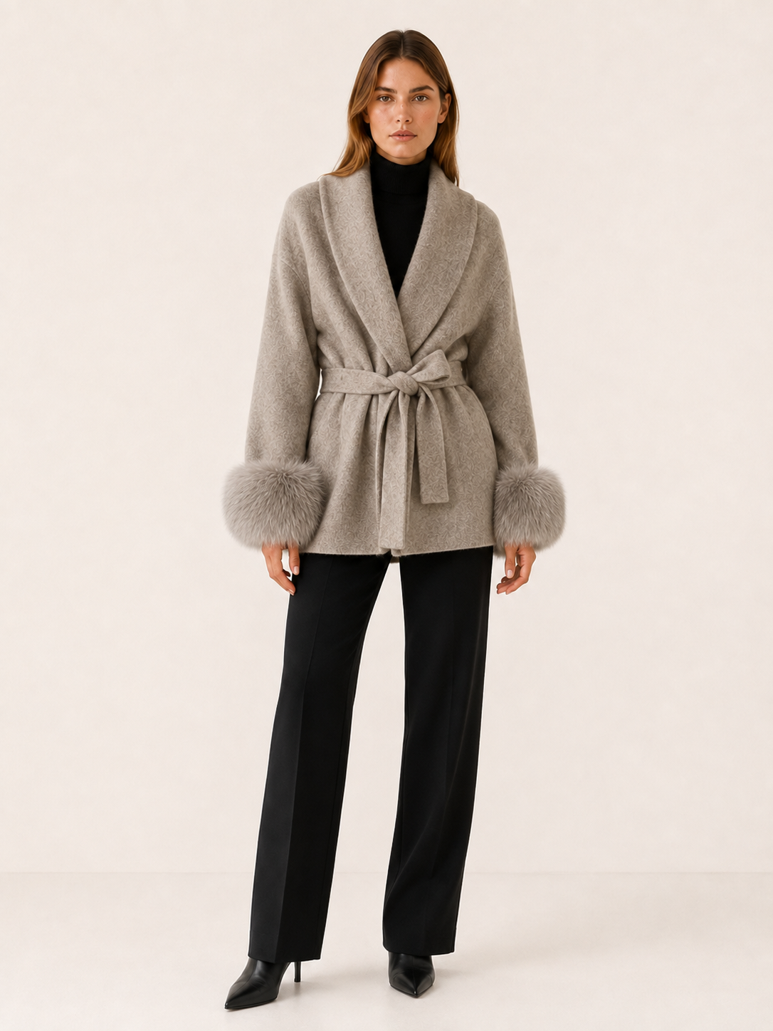 Women's Faux Fur Collar Belted Wrap Coat - Beige